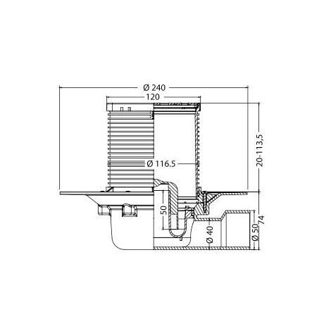 Siphon de sol pour receveurs de douche à carreler, sortie horizontale. Grille en Acier inoxydable de 112 x 112 mm.