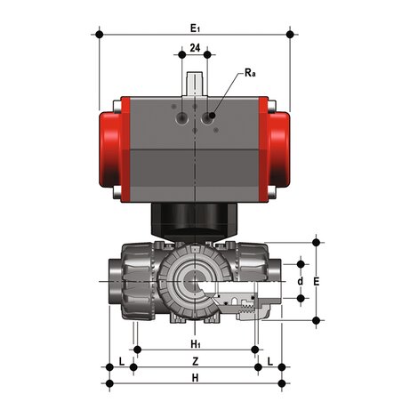 TKDAV/CP DA - Vanne à boisseau sphérique DUAL BLOCK® 3 voies à commande pneumatique DN 10:50