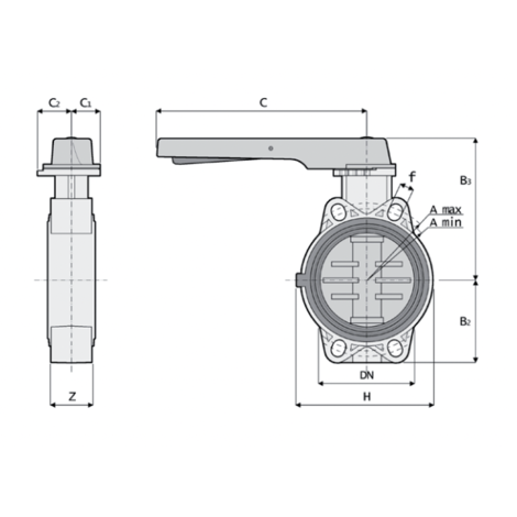 Disegno quotato di valvola a farfalla 1V800 per trasporto acqua