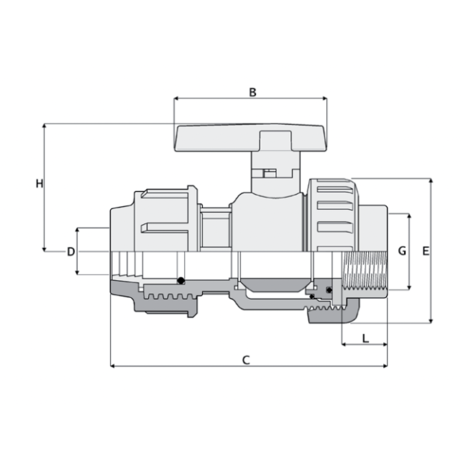 Disegno quotato di valvola a sfera monoghiera 1V305 con giunto a compressione per irrigazione e trasporto acqua.
