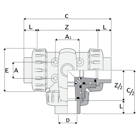 Disegno quotato di valvola a sfera 3V930 a tre vie per smistamento e miscelazione.