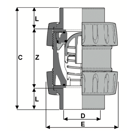 Disegno quotato di valvola di ritegno 3V230 a molla e pistone bighiera.