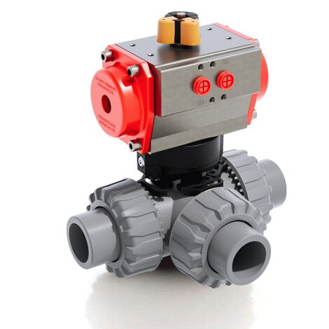 Render di LKDAC/CP DA/DN - Valvola a sfera a tre vie DUAL BLOCK® a comando pneumatico in PVC-C DN 10÷50
