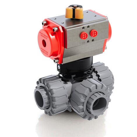 Render di LKDIC/CP SA/DN - Valvola a sfera a tre vie DUAL BLOCK® a comando pneumatico in PVC-C DN 10÷50