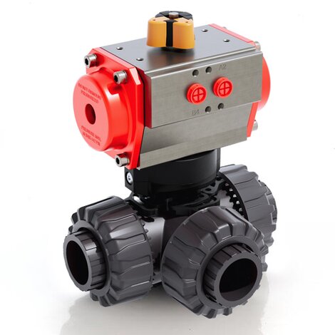 LKDLV/CP DA - Vanne à boisseau sphérique DUAL BLOCK® 3 voies à commande pneumatique DN 10:50