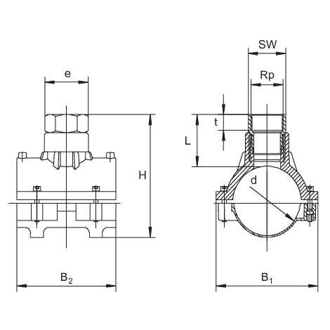 Armature de vanne Top-Loading avec transition - PE-HD/fonte rouge