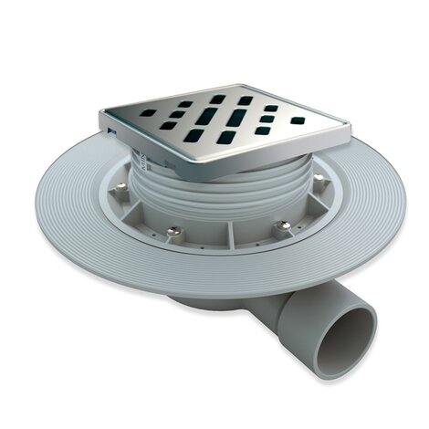 Siphon de sol pour receveurs de douche à carreler, sortie horizontale. Grille en Acier inoxydable de 112 x 112 mm.