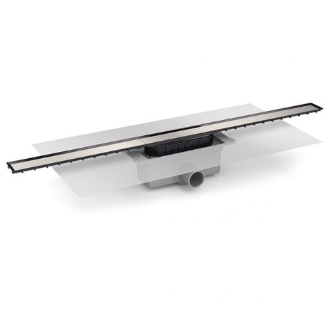 Caniveau avec grille largeur 40mm en différentes longueurs. Siphon démontable, filtre à cheveux. Sortie horizontale à coller 40F/50M. Avec membrane géotextile prémontée (600x600 mm).