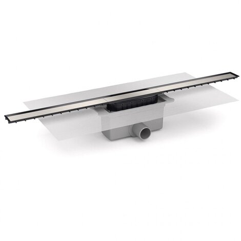 Caniveau avec grille largeur 40mm en différentes longueurs. Siphon démontable, filtre à cheveux. Sortie horizontale à coller 40F/50M. Avec membrane géotextile prémontée (600x600 mm).