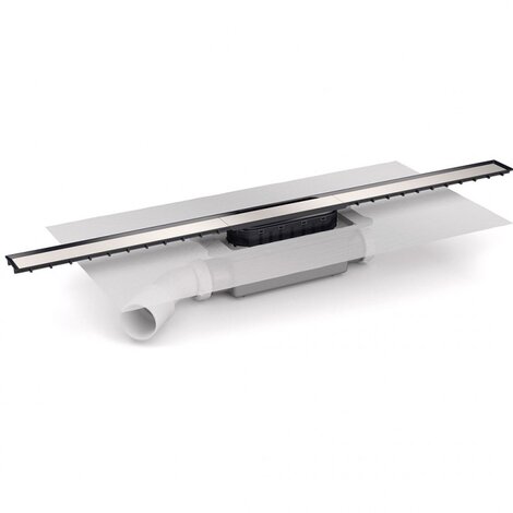 Caniveau avec grille largeur 40mm en différentes longueurs. Siphon démontable, filtre à cheveux. Sortie latérale orientable 40M/50M. Avec membrane géotextile prémontée (600x600 mm)