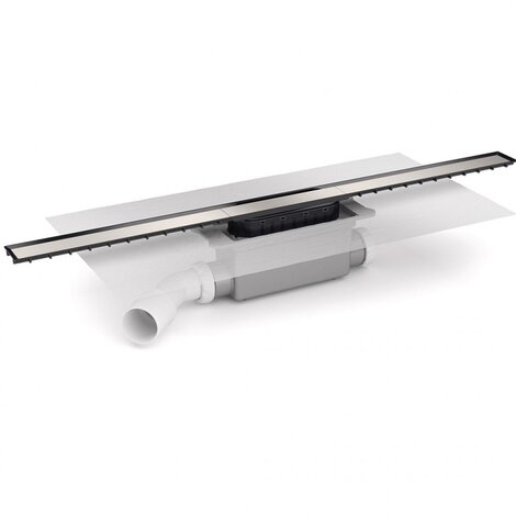 Caniveau avec grille largeur 40mm en différentes longueurs. Siphon démontable, filtre à cheveux. Sortie latérale orientable 40M/50M. Avec membrane géotextile prémontée (600x600 mm)