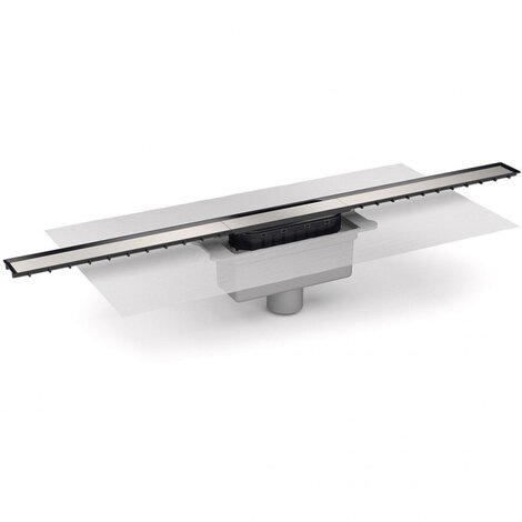 Caniveau avec grille largeur 40mm en différentes longueurs. Siphon démontable, filtre à cheveux. Sortie verticale 40M/50M. Avec membrane géotextile prémontée (600x600 mm)