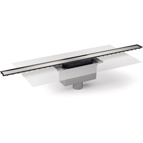 Caniveau avec grille largeur 40mm en différentes longueurs. Siphon démontable, filtre à cheveux. Sortie verticale 40M/50M. Avec membrane géotextile prémontée (600x600 mm)