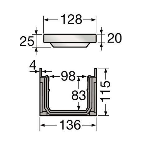 Caniveau avec grille inox - B125 - L100 int/130 ext