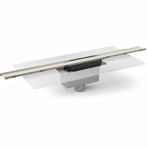 Caniveau avec grille largeur 40mm en différentes longueurs. Siphon démontable, filtre à cheveux. Sortie verticale 40M/50M. Avec membrane géotextile prémontée (600x600 mm)