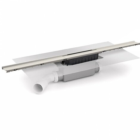 Caniveau avec grille largeur 40mm en différentes longueurs. Siphon démontable, filtre à cheveux. Sortie latérale orientable 40M/50M. Avec membrane géotextile prémontée (600x600 mm)