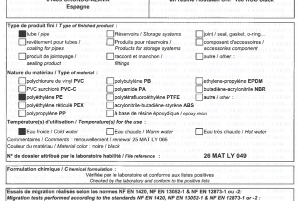 Attestation de conformité sanitaire (ACS) - Tube PE100 RCD Black résine Hostalen